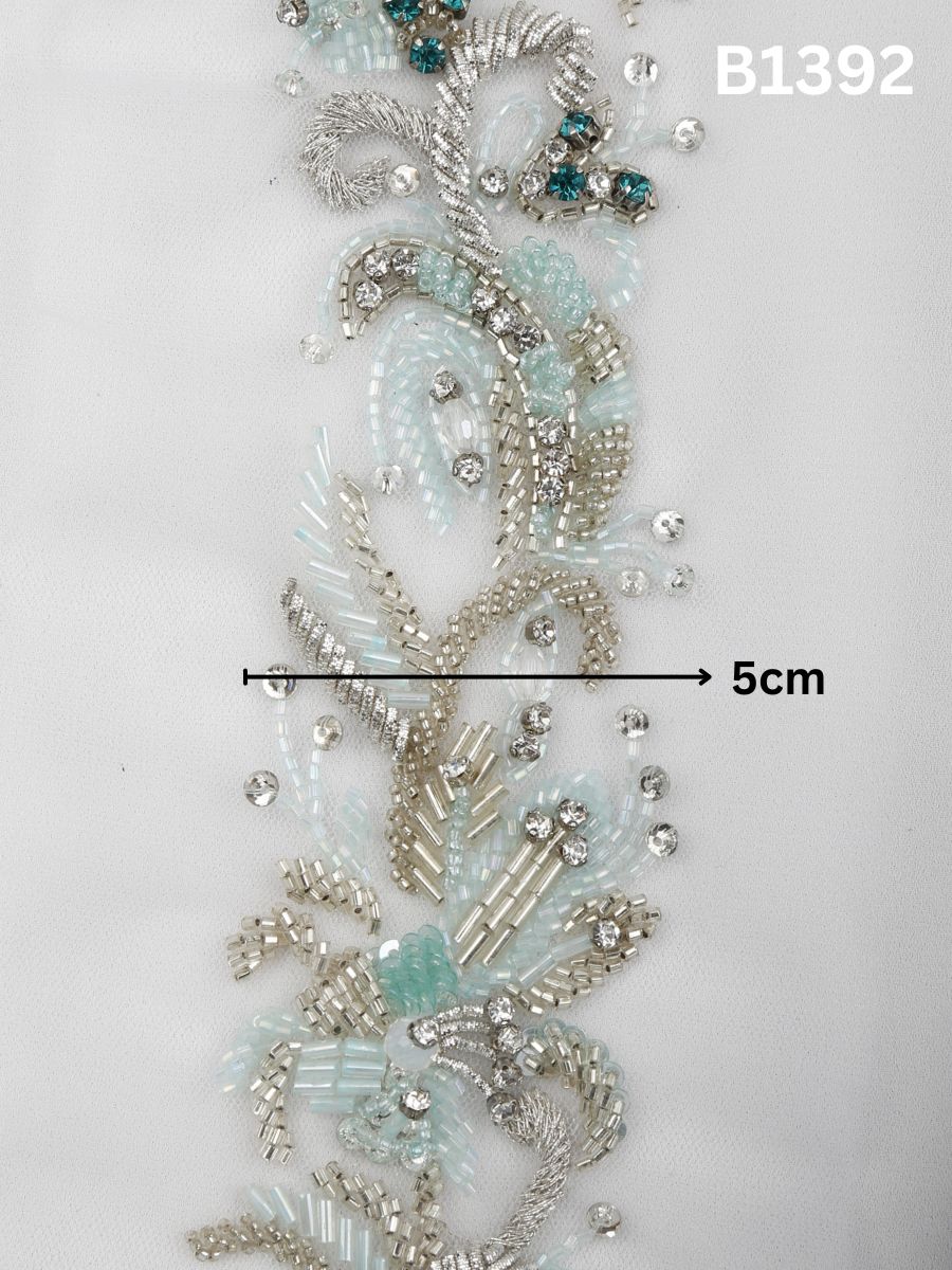 #B1392 Azure Gilded Bloom: Hand-Beaded Floral Trims in Sky Blue and Gold with Rhinestones, Sequins & Beads