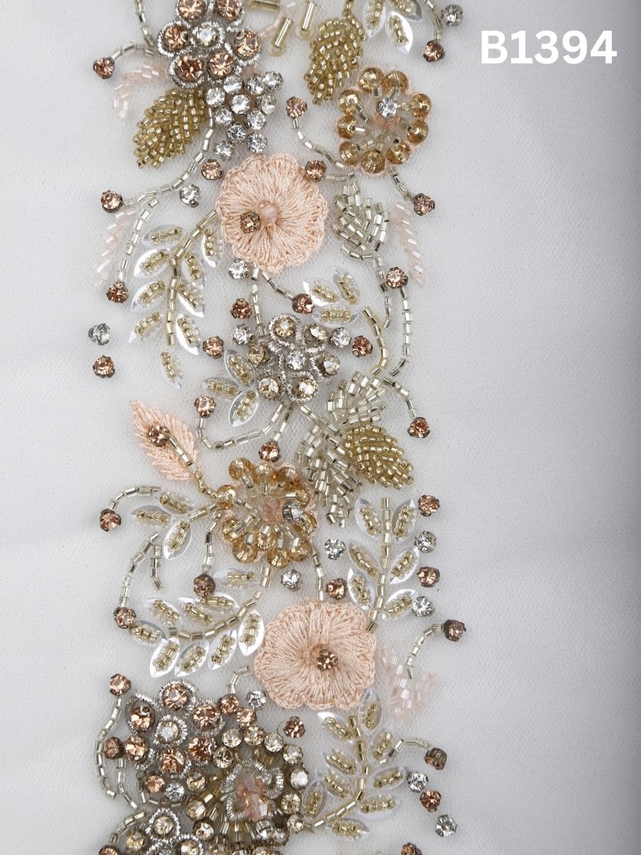 #B1394 Vivid Bloom Harmony: Hand-Beaded Multi colour Floral Design Trim with Beads and Thread Detailing