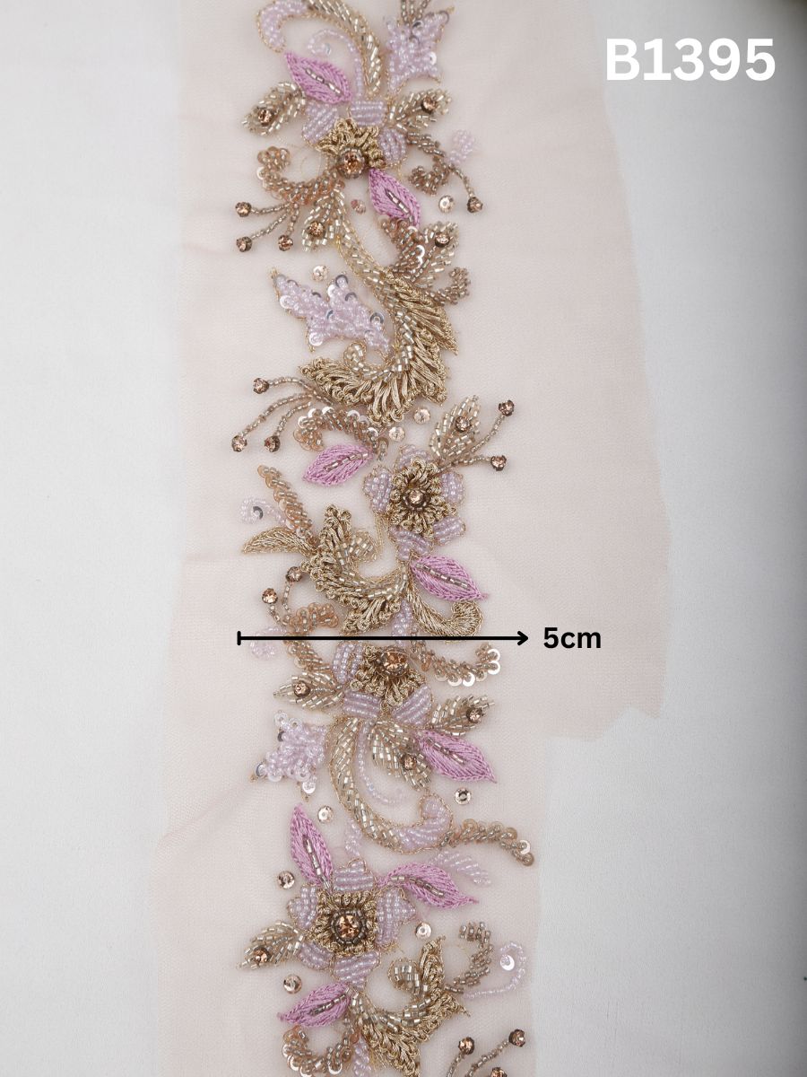 #B1395 Golden Rose Radiance: Hand-Beaded Floral Design Trim in Gold and Pink with Beads, Sequins and Thread Embroidery
