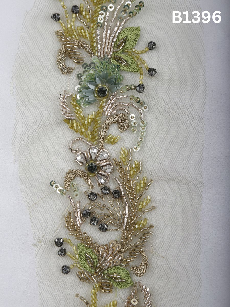 #B1396 Ethereal Bloom: Multi-Coloured Hand-Beaded Floral Trim with Beads, Rhinestones, Sequins and Threadwork