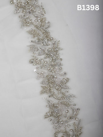 #B1398 Moonlit Petals: Hand-Beaded Floral Motif in Luxe Silver with Dimensional Beads