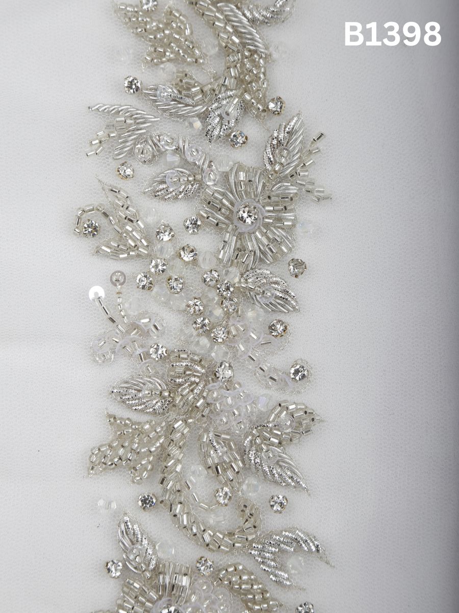 #B1398 Moonlit Petals: Hand-Beaded Floral Motif in Luxe Silver with Dimensional Beads