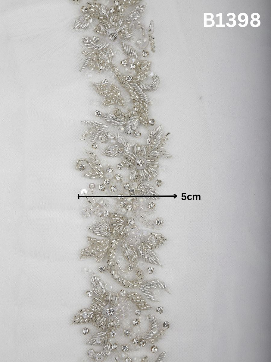 #B1398 Moonlit Petals: Hand-Beaded Floral Motif in Luxe Silver with Dimensional Beads