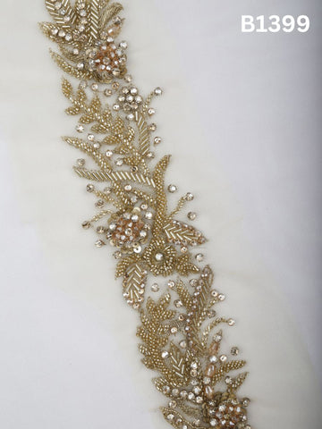 #B1399 Celestial Bloom: Hand-Beaded Floral Trim in Gold and Silver with Beads, Sequins and  Rhinestones