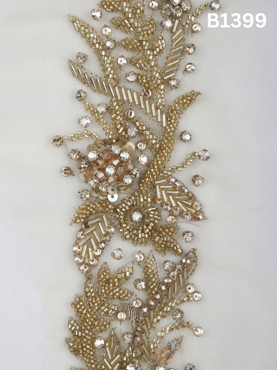 #B1399 Celestial Bloom: Hand-Beaded Floral Trim in Gold and Silver with Beads, Sequins and  Rhinestones