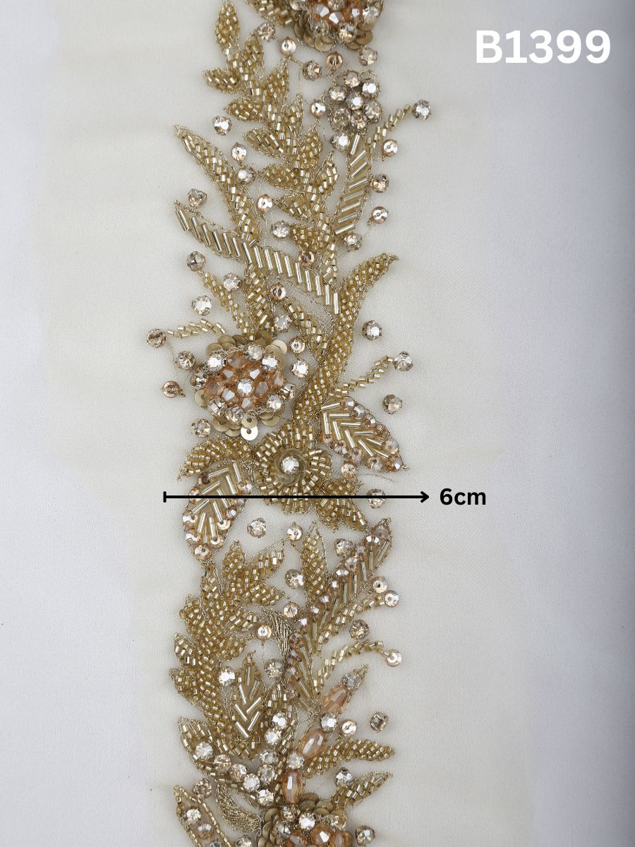 #B1399 Celestial Bloom: Hand-Beaded Floral Trim in Gold and Silver with Beads, Sequins and  Rhinestones