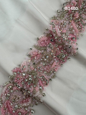 #B1400 Elegant Trim Floral Design Embellished with Crystal Beads, Rhinestones, and Intricate Thread Work for Crafting and Apparel