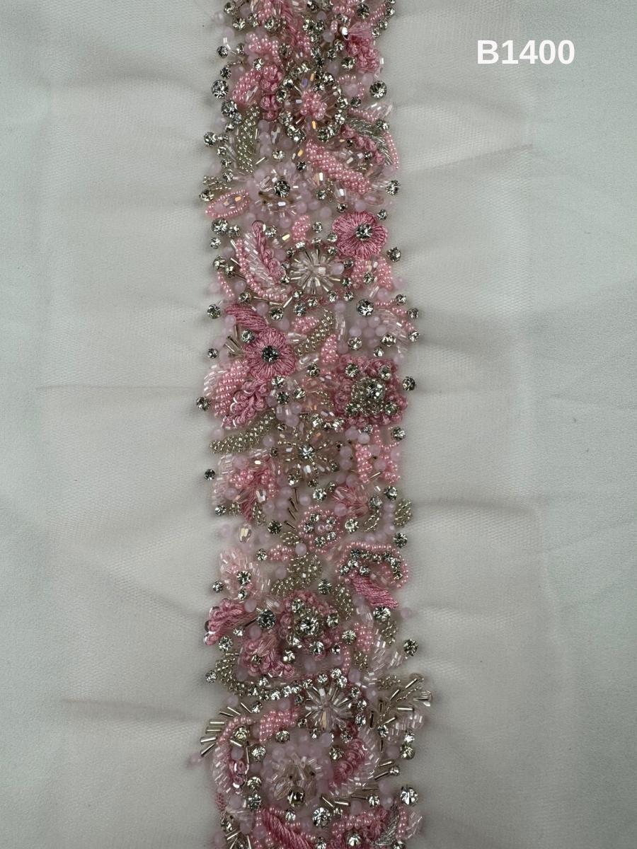 #B1400 Elegant Trim Floral Design Embellished with Crystal Beads, Rhinestones, and Intricate Thread Work for Crafting and Apparel
