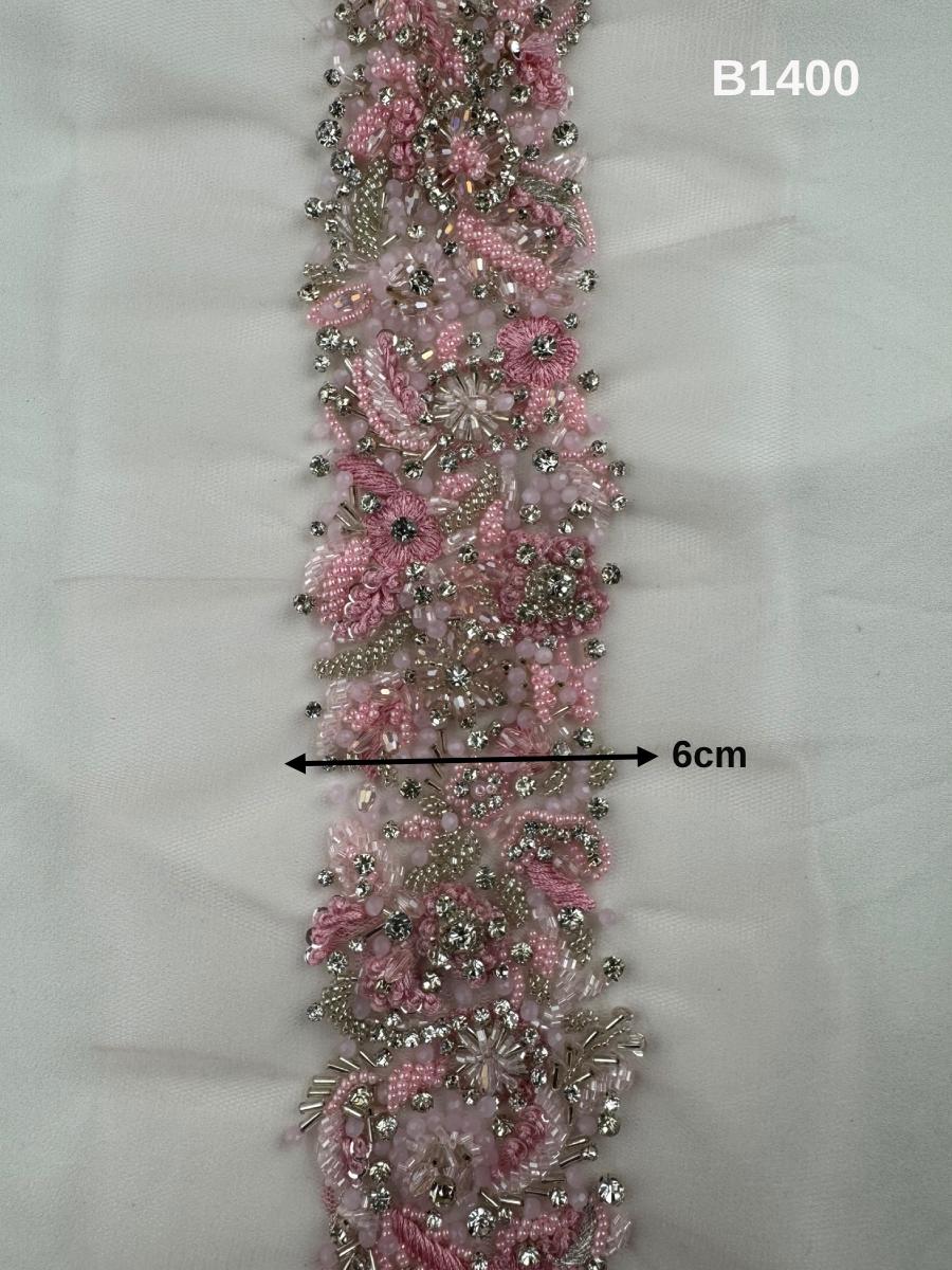 #B1400 Elegant Trim Floral Design Embellished with Crystal Beads, Rhinestones, and Intricate Thread Work for Crafting and Apparel