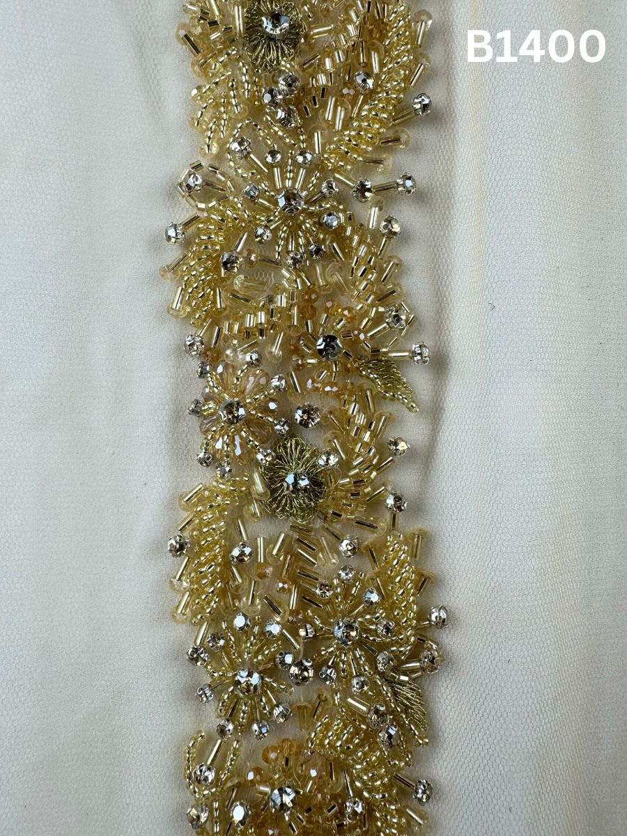 #B1400 Elegant Trim Floral Design Embellished with Crystal Beads, Rhinestones, and Intricate Thread Work for Crafting and Apparel
