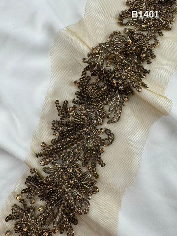 #B1401 Luxe Golden Abstract Hand-Beaded Fabric with Sculpted Beads & Reflective Sequins