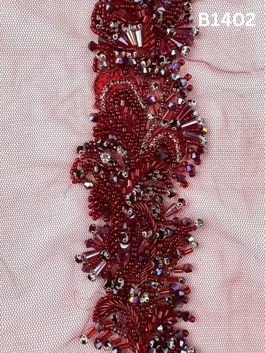 #B1402 Sleek Abstract Design Trim Embellished with Crystal Beads, Rhinestones, and Shimmering Beads for Fashion, Embroidery