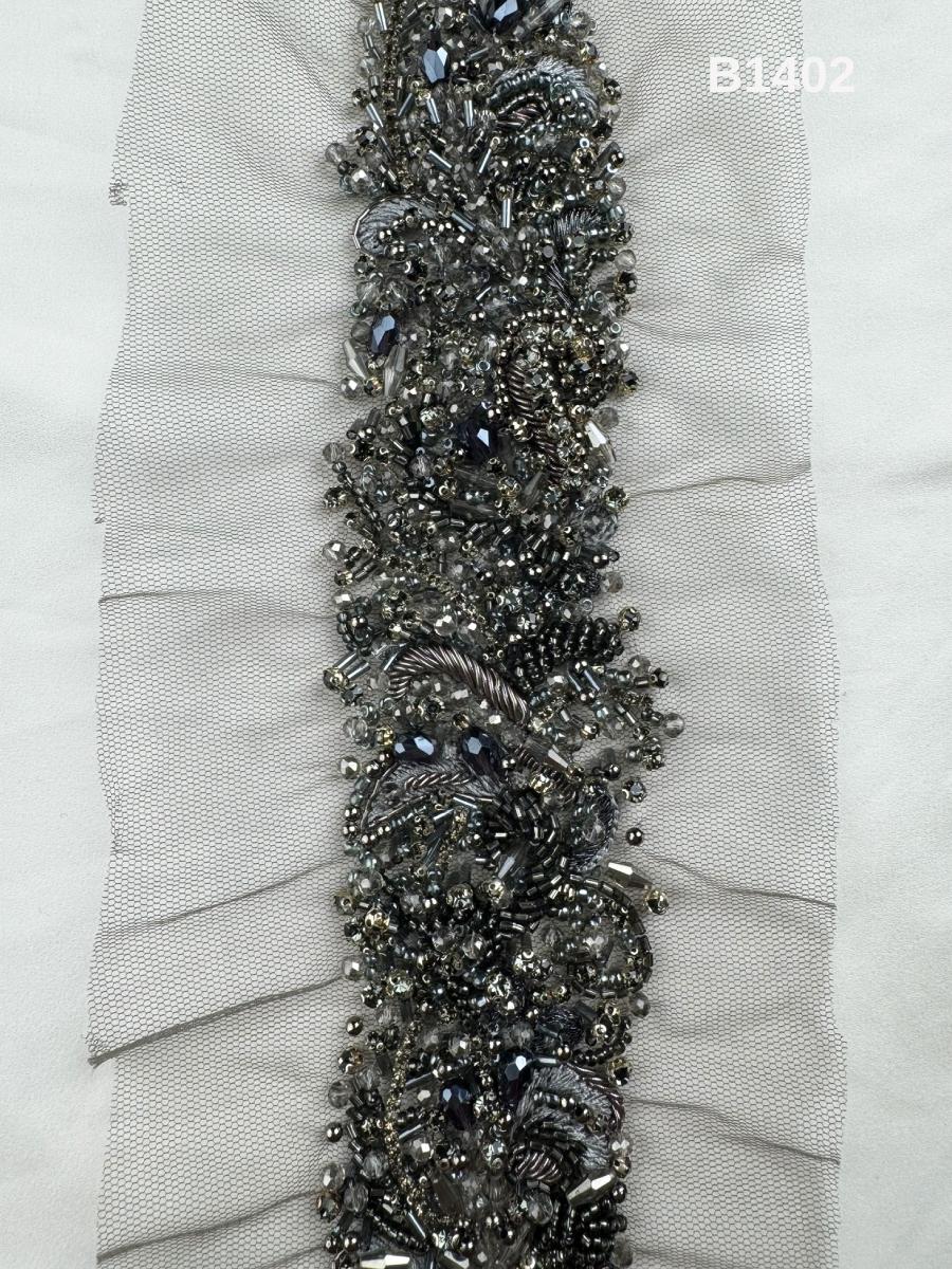 #B1402 Sleek Abstract Design Trim Embellished with Crystal Beads, Rhinestones, and Shimmering Beads for Fashion, Embroidery
