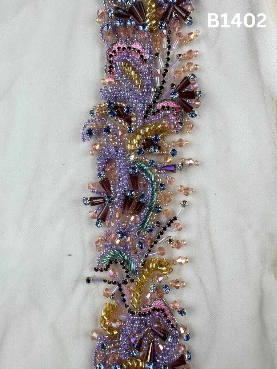 #B1402 Sleek Abstract Design Trim Embellished with Crystal Beads, Rhinestones, and Shimmering Beads for Fashion, Embroidery