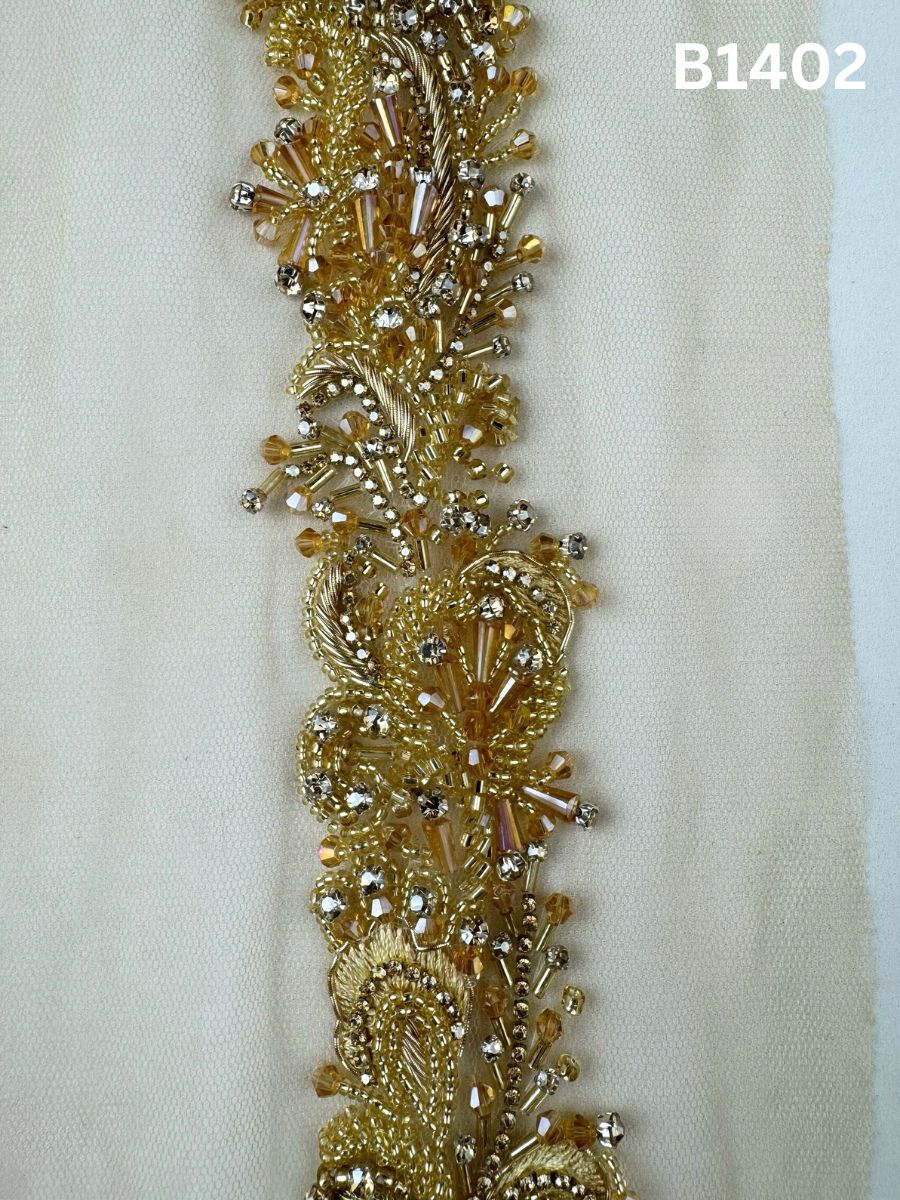 #B1402 Sleek Abstract Design Trim Embellished with Crystal Beads, Rhinestones, and Shimmering Beads for Fashion, Embroidery