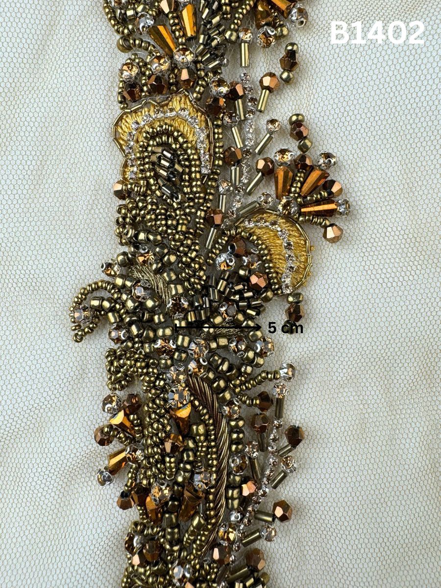 #B1402 Sleek Abstract Design Trim Embellished with Crystal Beads, Rhinestones, and Shimmering Beads for Fashion, Embroidery