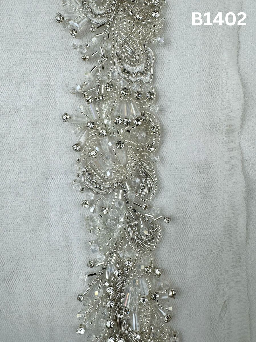 #B1402 Sleek Abstract Design Trim Embellished with Crystal Beads, Rhinestones, and Shimmering Beads for Fashion, Embroidery