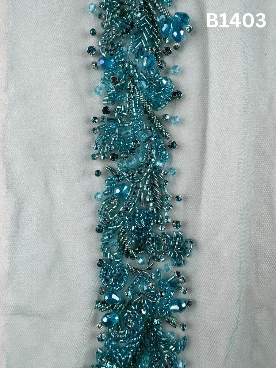 #B1403 Luxurious Trim Floral Design – Hand-Beaded with Crystals, Beads, and Rhinestones for Elegant Embellishments
