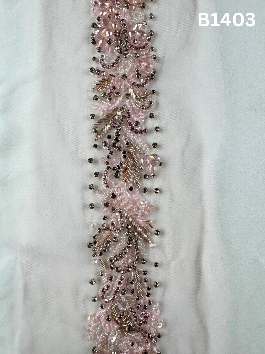 #B1403 Luxurious Trim Floral Design – Hand-Beaded with Crystals, Beads, and Rhinestones for Elegant Embellishments