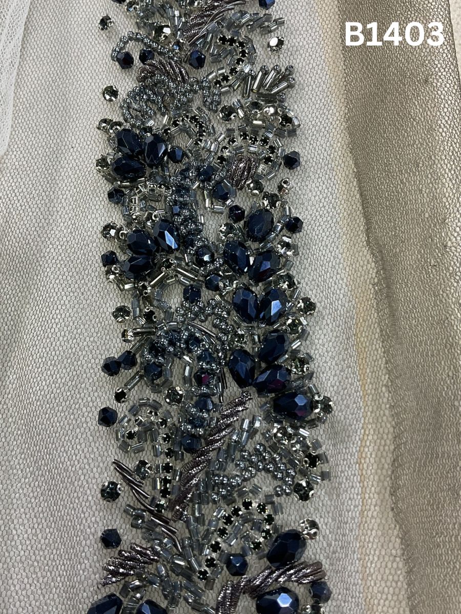 #B1403 Luxurious Trim Floral Design – Hand-Beaded with Crystals, Beads, and Rhinestones for Elegant Embellishments