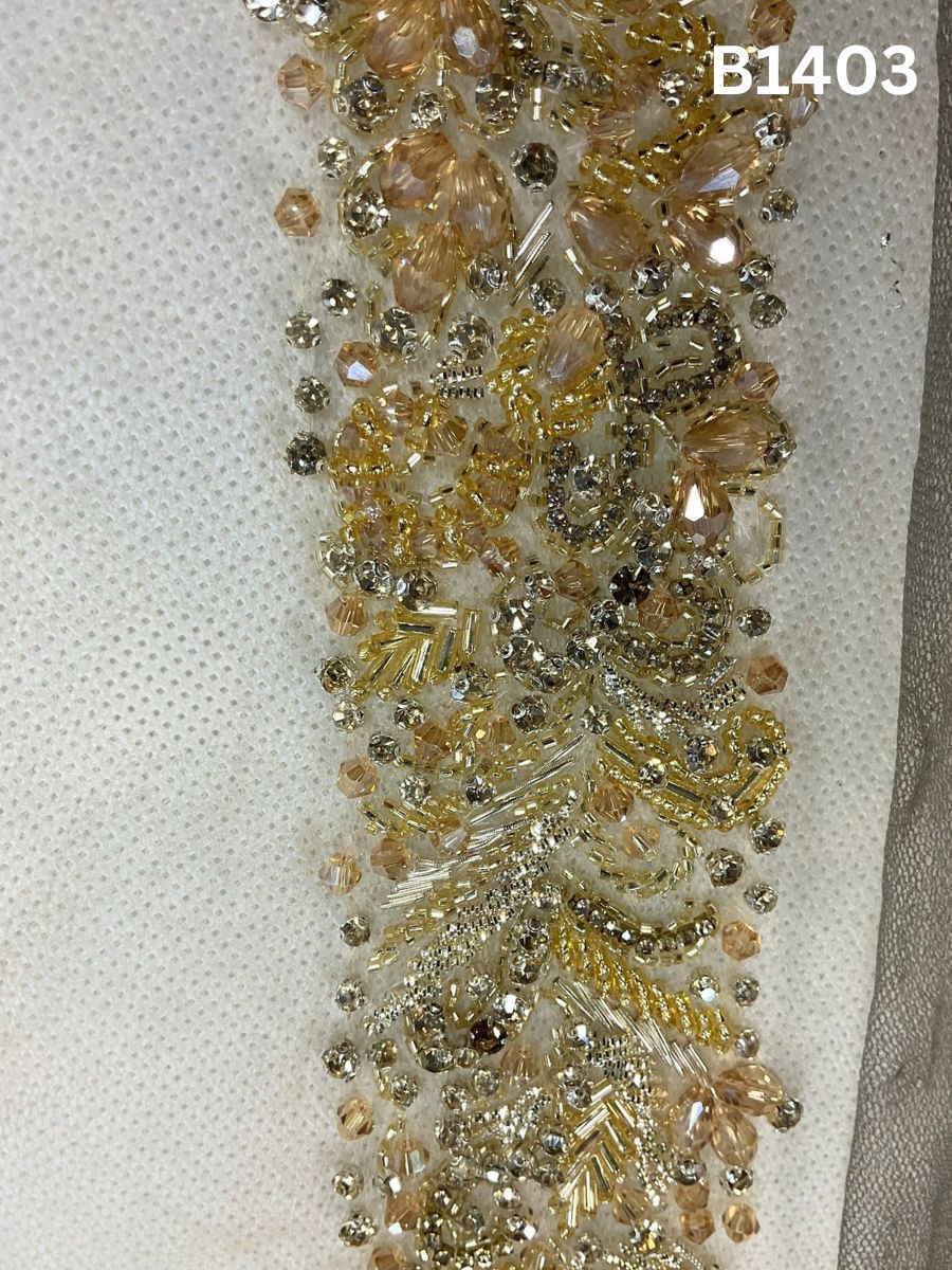 #B1403 Luxurious Trim Floral Design – Hand-Beaded with Crystals, Beads, and Rhinestones for Elegant Embellishments