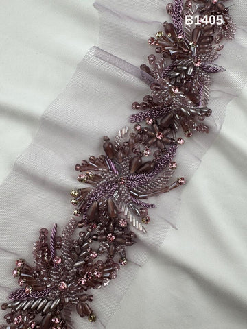 #B1405 Exquisite Floral Design Trim Beaded with Sequins, Crystal Beads, Rhinestones, and Intricate Thread Work for Fashion