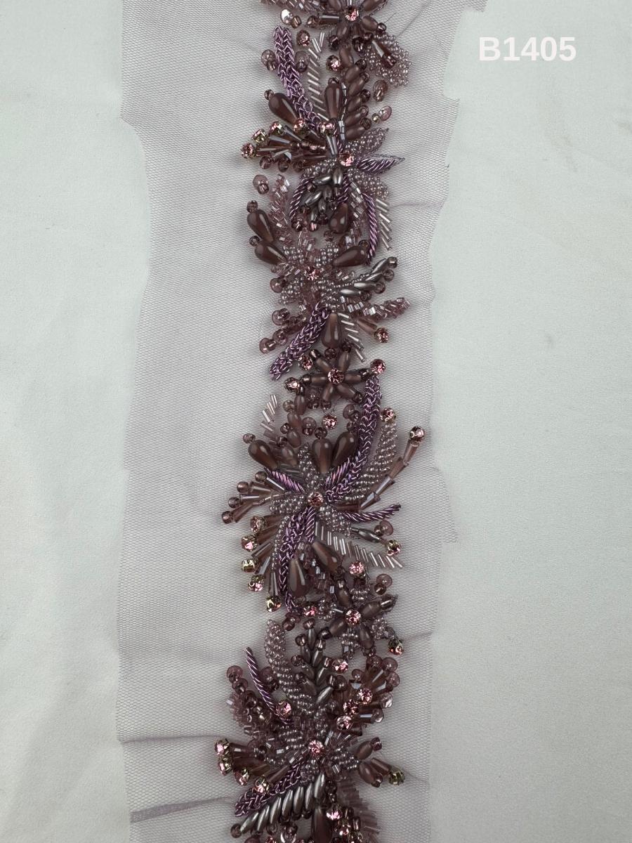 #B1405 Exquisite Floral Design Trim Beaded with Sequins, Crystal Beads, Rhinestones, and Intricate Thread Work for Fashion