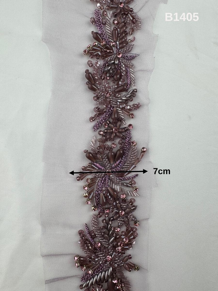 #B1405 Exquisite Floral Design Trim Beaded with Sequins, Crystal Beads, Rhinestones, and Intricate Thread Work for Fashion