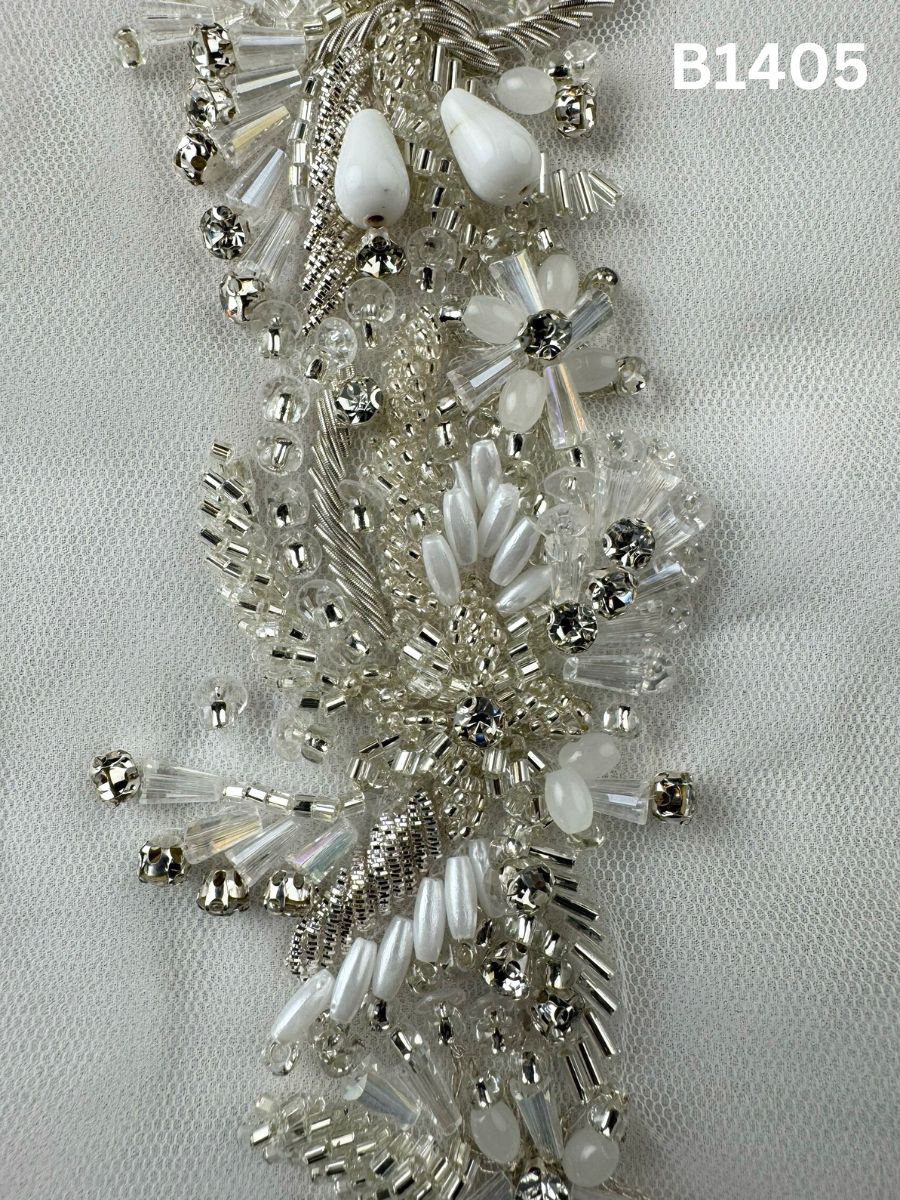 #B1405 Exquisite Floral Design Trim Beaded with Sequins, Crystal Beads, Rhinestones, and Intricate Thread Work for Fashion