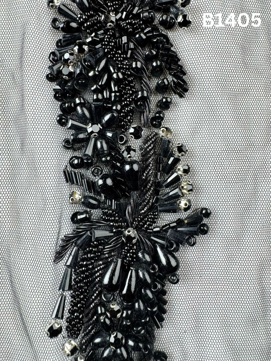 #B1405 Exquisite Floral Design Trim Beaded with Sequins, Crystal Beads, Rhinestones, and Intricate Thread Work for Fashion
