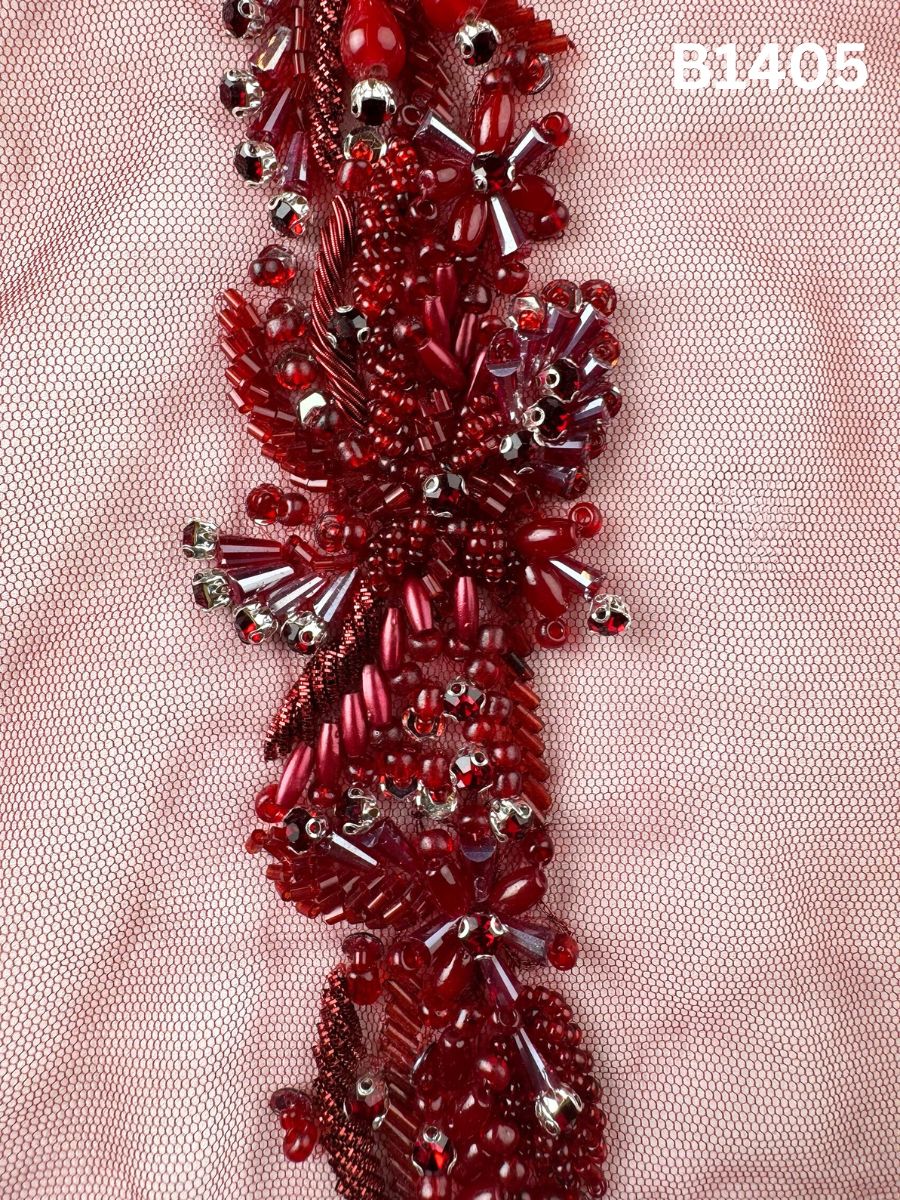 #B1405 Exquisite Floral Design Trim Beaded with Sequins, Crystal Beads, Rhinestones, and Intricate Thread Work for Fashion