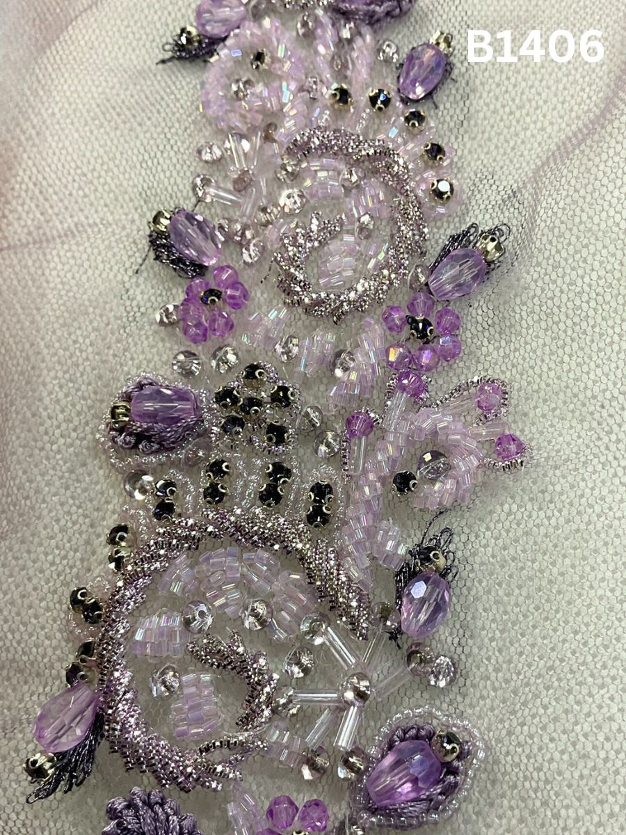#B1406 Elegant Floral Design Trim Beaded with Rhinestones, Crystal Beads, and Sparkling Accents for Fashion, Embroidery