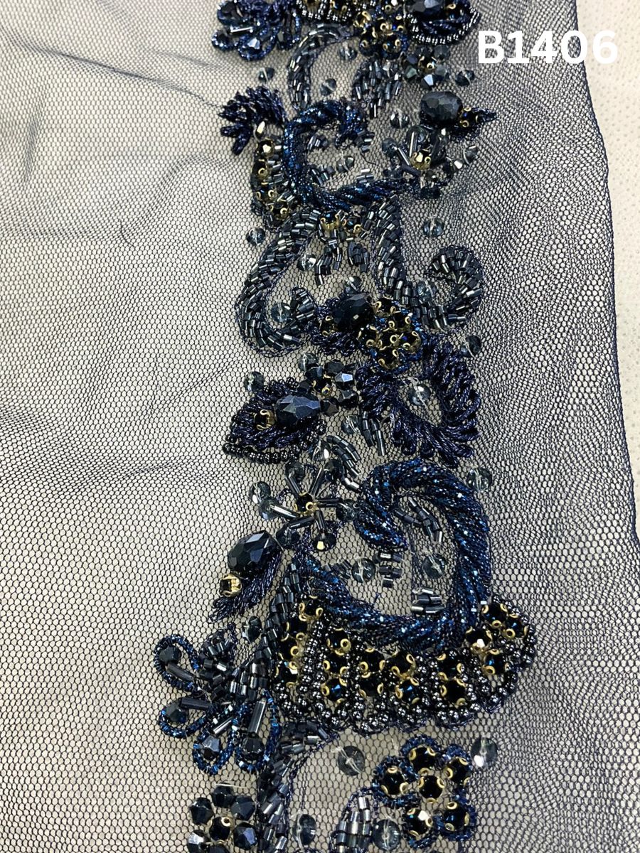 #B1406 Elegant Floral Design Trim Beaded with Rhinestones, Crystal Beads, and Sparkling Accents for Fashion, Embroidery