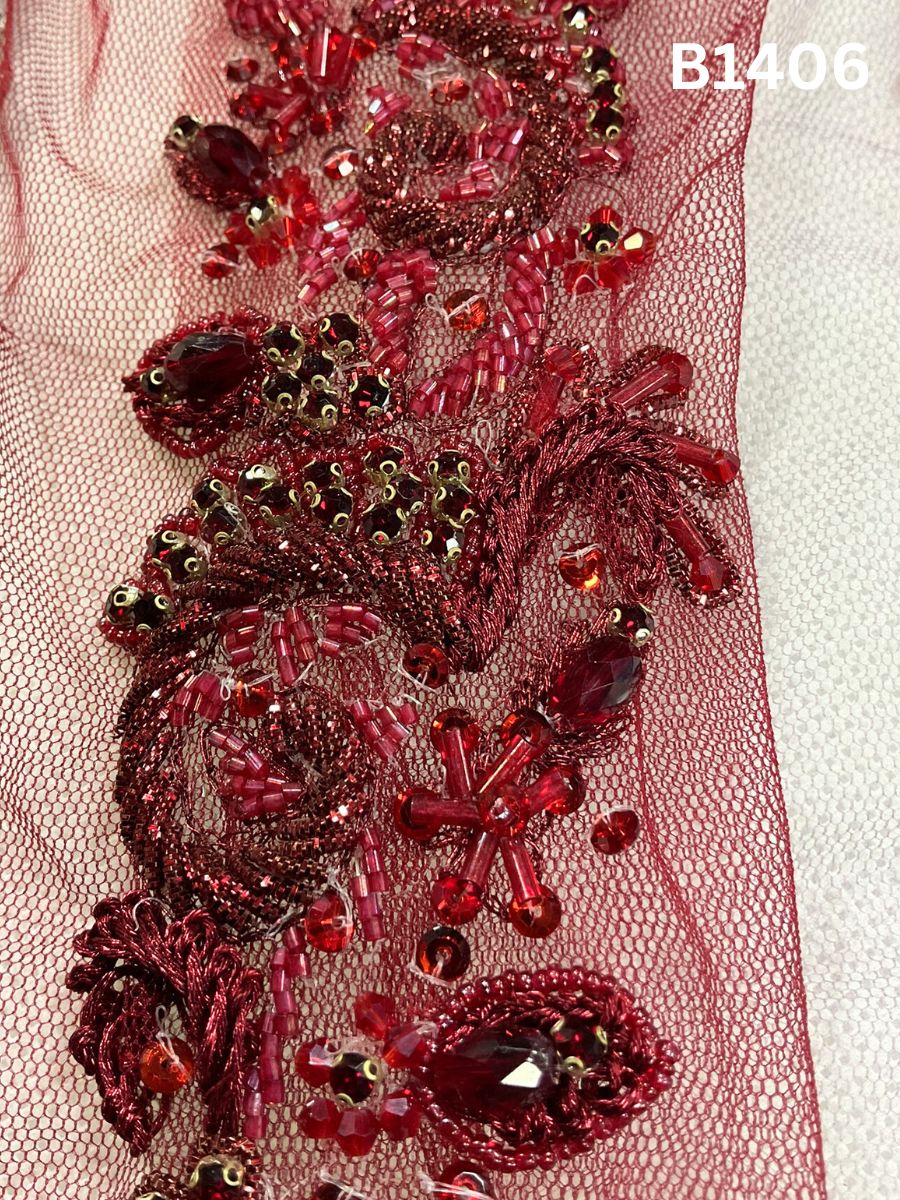 #B1406 Elegant Floral Design Trim Beaded with Rhinestones, Crystal Beads, and Sparkling Accents for Fashion, Embroidery