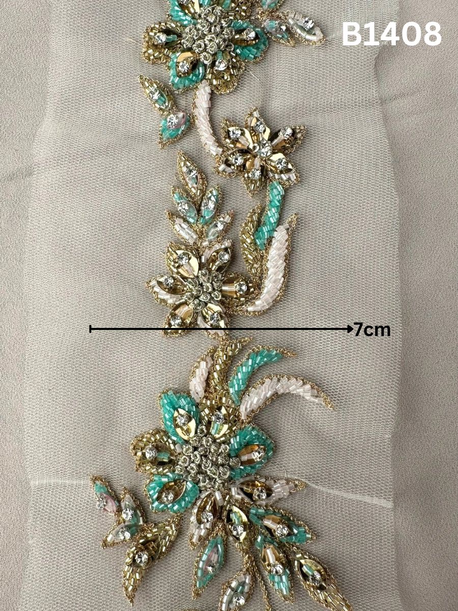 #B1408 Vibrant Hand-Beaded Floral Design Trim with Beads, Sequins, and Rhinestones