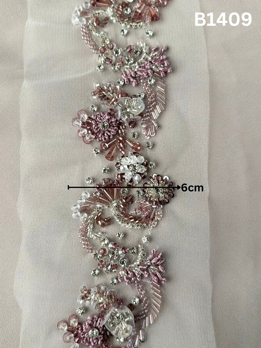 #B1409 Elegant Hand-Beaded Floral Design Trim with Beads, Sequins, and Rhinestones