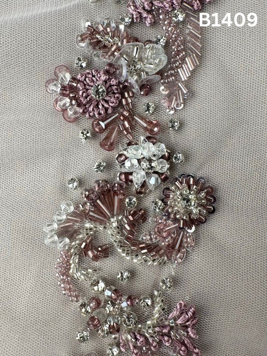 #B1409 Elegant Hand-Beaded Floral Design Trim with Beads, Sequins, and Rhinestones