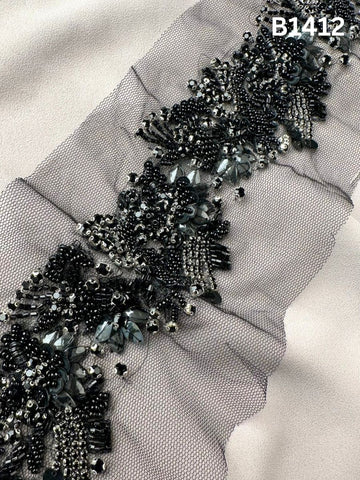 #B1412 Hand-Beaded Floral Trim with Sequins, Beads, and Rhinestones – A Luxurious Embellishment for Sophisticated Designs