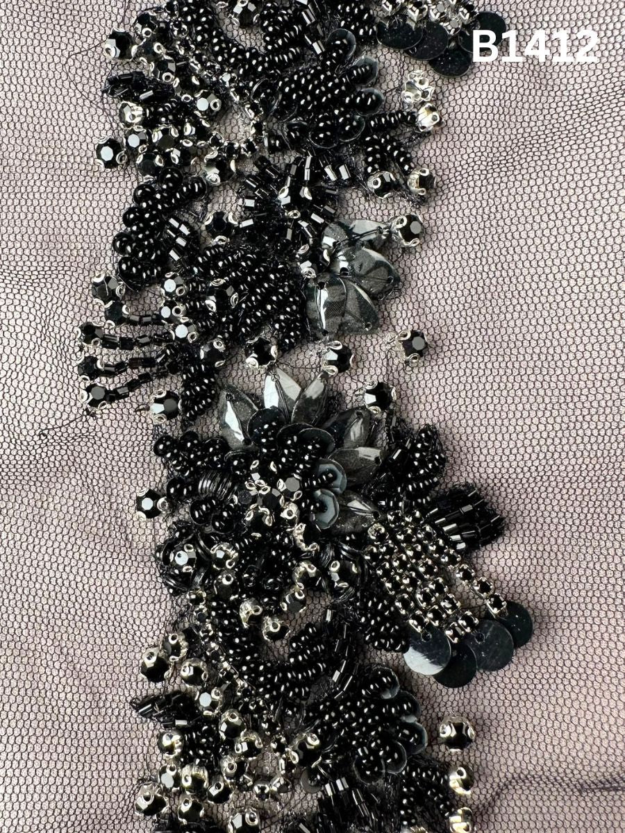 #B1412 Hand-Beaded Floral Trim with Sequins, Beads, and Rhinestones – A Luxurious Embellishment for Sophisticated Designs