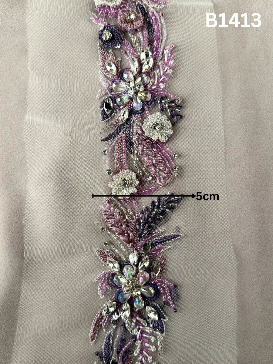 #B1413 Hand-Beaded Flower Trim with Thread Work, Beads, and Rhinestones – A Vibrant and Intricate Embellishment for Luxurious Creations