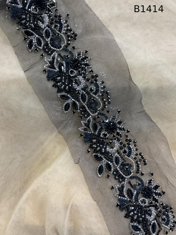 #B1414 Elegant Dark Grey Colour Floral Design Trim Beaded with Sequins and Beads – A Chic and Luxurious Embellishment for Couture Fashion, Accessories