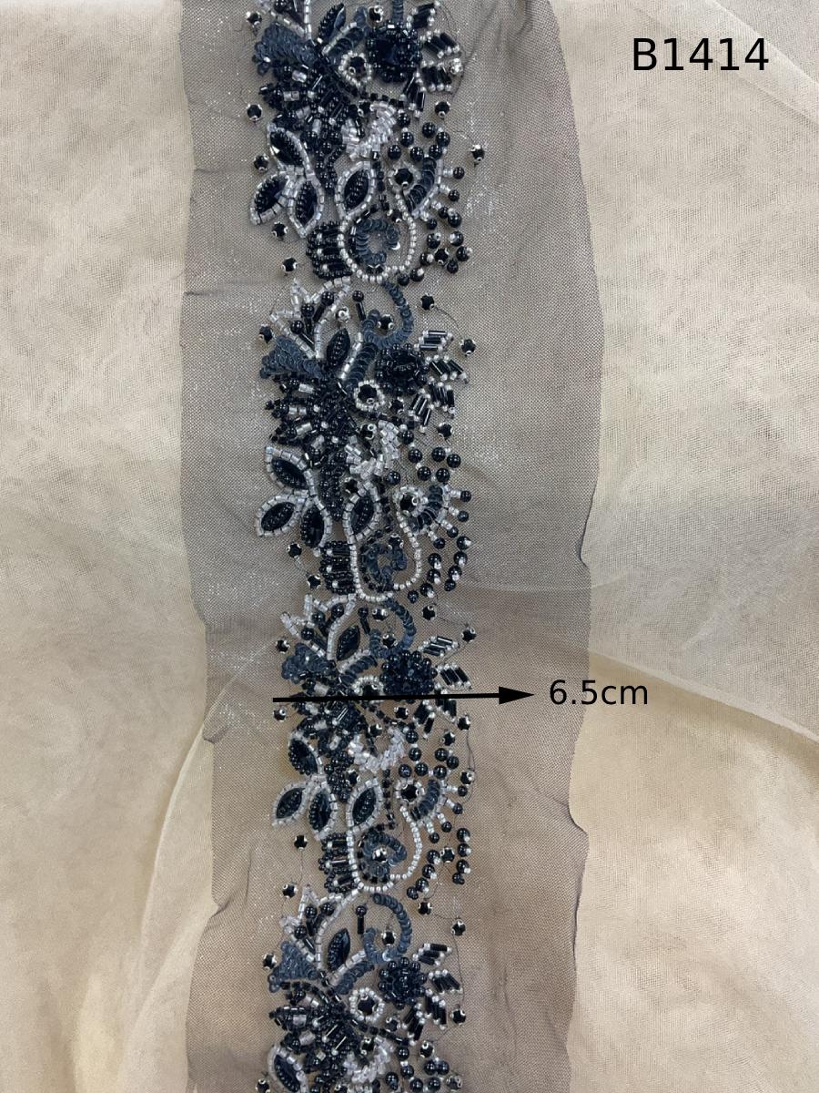 #B1414 Elegant Dark Grey Colour Floral Design Trim Beaded with Sequins and Beads – A Chic and Luxurious Embellishment for Couture Fashion, Accessories