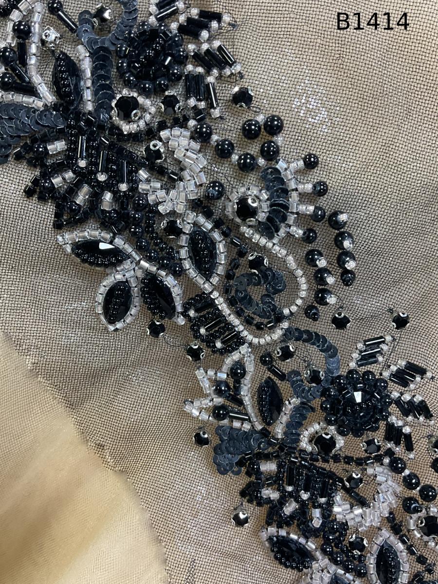 #B1414 Elegant Dark Grey Colour Floral Design Trim Beaded with Sequins and Beads – A Chic and Luxurious Embellishment for Couture Fashion, Accessories