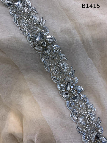 #B1415 Luxurious Silver Colour Floral Design Trim Beaded with Sequins, Beads, and Rhinestones – A Glamorous Embellishment for Couture Fashion, Bridal Wear, Accessories