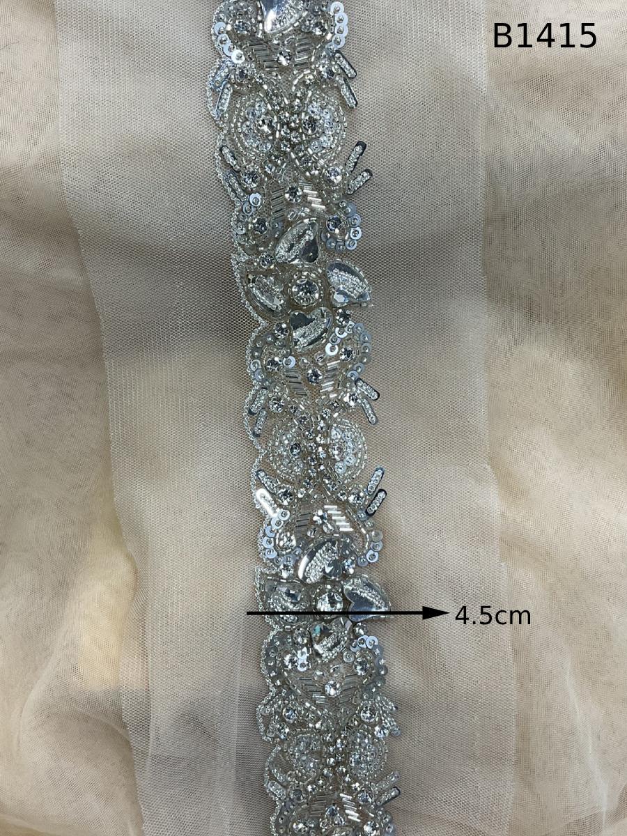 #B1415 Luxurious Silver Colour Floral Design Trim Beaded with Sequins, Beads, and Rhinestones – A Glamorous Embellishment for Couture Fashion, Bridal Wear, Accessories