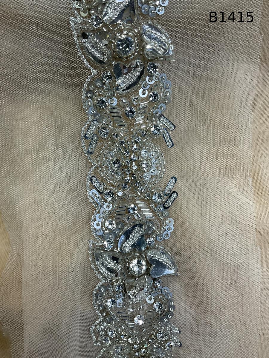 #B1415 Luxurious Silver Colour Floral Design Trim Beaded with Sequins, Beads, and Rhinestones – A Glamorous Embellishment for Couture Fashion, Bridal Wear, Accessories