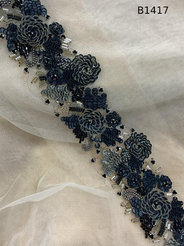 #B1417 Elegant Floral Design Trim Beaded with Rhinestones, Sequins, and Beads – A Luxurious Embellishment for Couture Fashion, Bridal Wear, Accessories