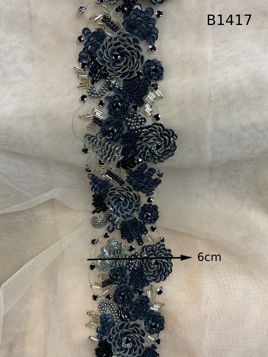 #B1417 Elegant Floral Design Trim Beaded with Rhinestones, Sequins, and Beads – A Luxurious Embellishment for Couture Fashion, Bridal Wear, Accessories