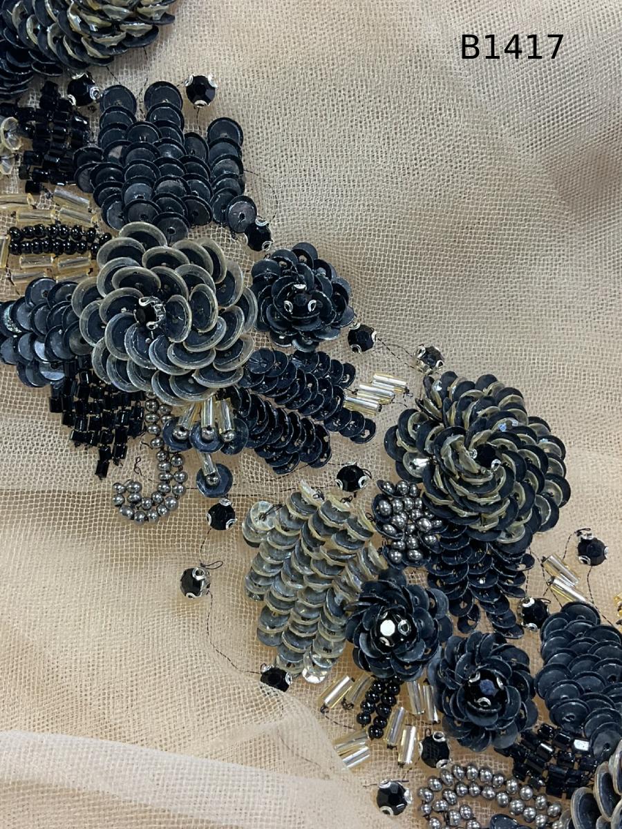 #B1417 Elegant Floral Design Trim Beaded with Rhinestones, Sequins, and Beads – A Luxurious Embellishment for Couture Fashion, Bridal Wear, Accessories