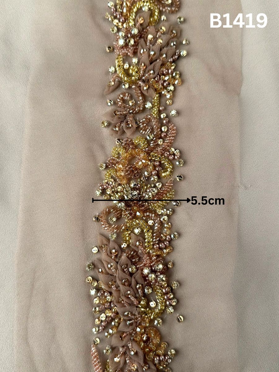 #B1419 Vibrant Floral Trim Embellished with Beads, Appliqués, and Rhinestones